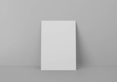 Boş beyaz dikey dikdörtgen A4 kağıt maketi gri duvarın üzerinde, 3D görüntüleme