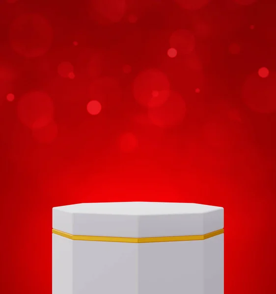 Empty White Gold Hexagon Podium Red Bokeh Background Cosmetic Product — Fotografia de Stock