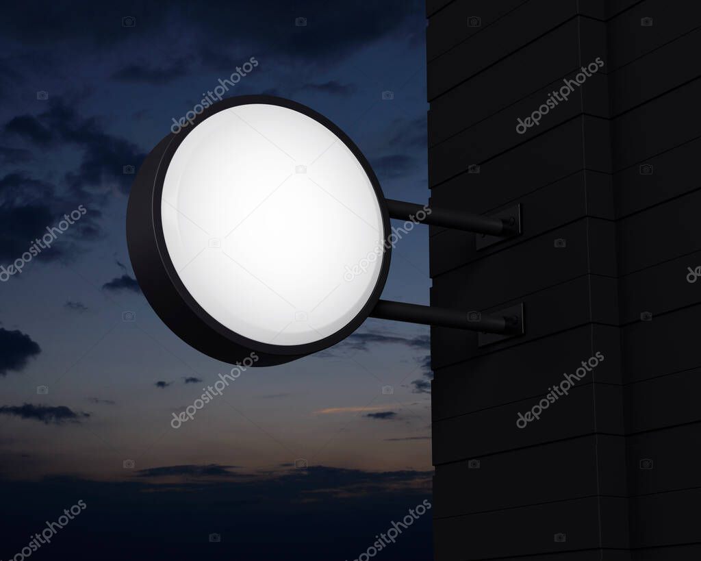 Hanging black rounded signboard mockup over sunset sky, Light box signage, 3D rendering