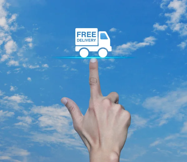 Mão Pressionando Caminhão Entrega Gratuita Ícone Plano Sobre Céu Azul — Fotografia de Stock