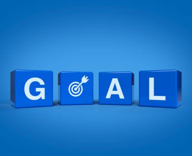3D görüntüleme, açık mavi arkaplan üzerinde GOAL harflerinin çizimi, iş başarısı konsepti