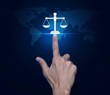 Hand pressing law flat icon over digital world map technology style, Business legal service concept, Elements of this image furnished by NASA