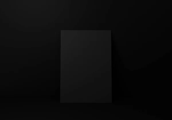 Lege Zwarte Verticale Rechthoek Papier Blad Mockup Vloer Zwarte Muur — Stockfoto