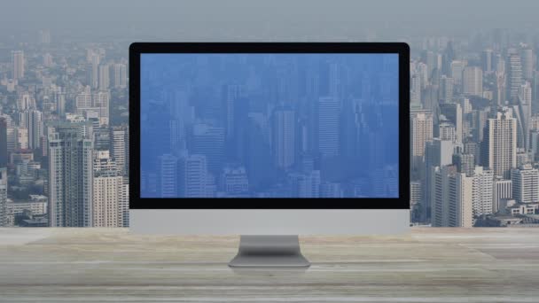 Hængelås Flad Ikon Desktop Moderne Computerskærm Træbord Kontorbygning Tårn Skyskraber – Stock-video