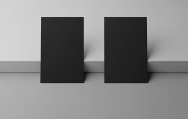 Kutu podyumunda boş siyah kartvizit modeli, 3D görüntüleme