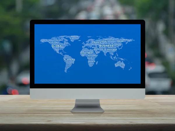 Global Business Words World Map Desktop Modern Computer Screens Wood — 스톡 사진