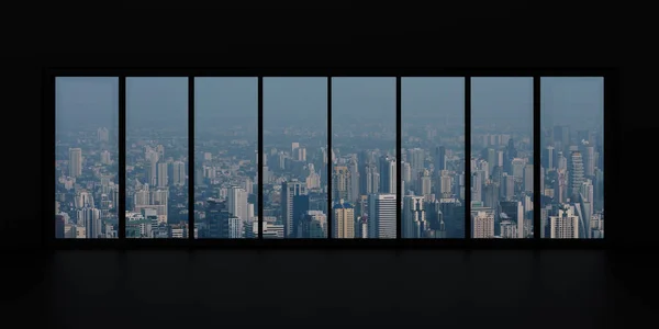 Habitación Negra Vacía Con Ventana Sobre Moderna Torre Ciudad Edificio —  Fotos de Stock