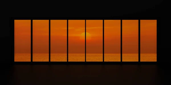 Empty black room with window over sunset sky and sea, 3D Rendering