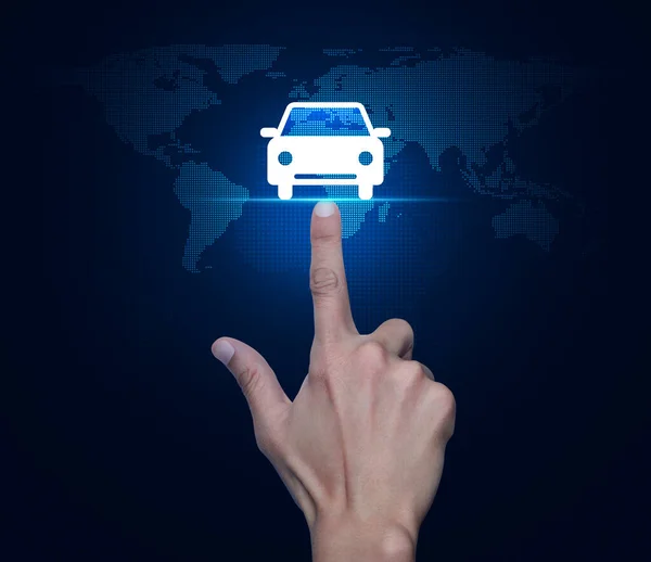 Hand Pressing Car Flat Icon Digital World Map Technology Style — ストック写真