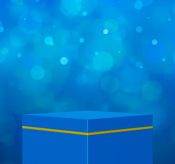 Pódio Cubo Azul Dourado Vazio Sobre Fundo Azul Bokeh Para — Fotografia de Stock