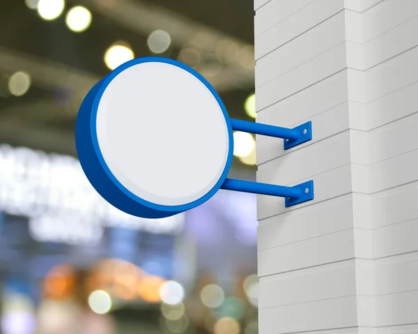 Hanging Blue Rounded Signboard Mockup Blur Light Shadow Shopping Mall — Foto Stock