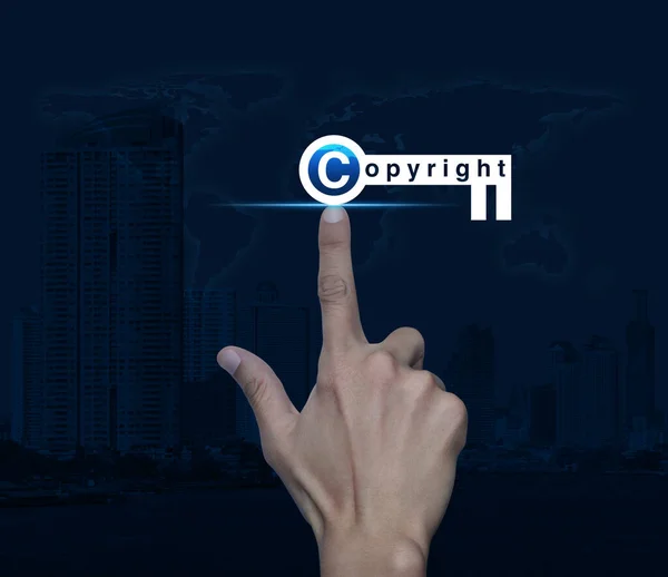 Hand Pressing Copyright Key Icon World Map Modern City Tower — Stock Photo, Image