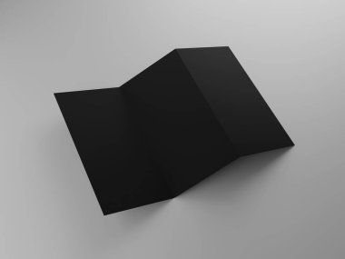 Siyah üç katlı broşür, broşür, gri arkaplan katalog modeli, 3D görüntüleme