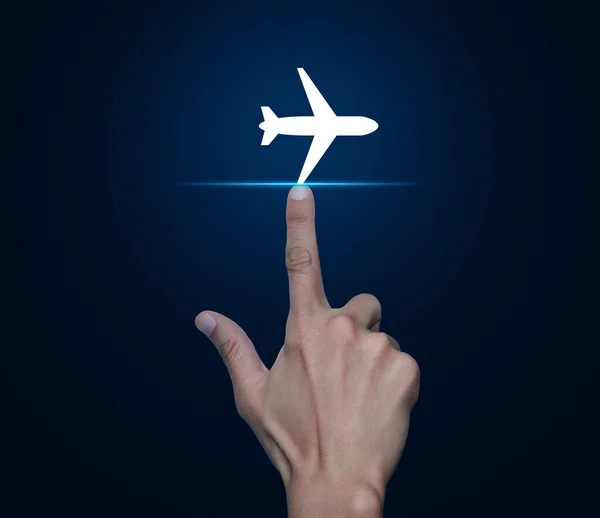 Hand Pressing Airplane Flat Icon Blue Background Business Transportation Service — Foto de Stock