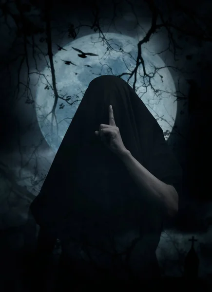Grim Reaper Showing Silence Sign Finger Standing Cross Church Crow — Stockfoto