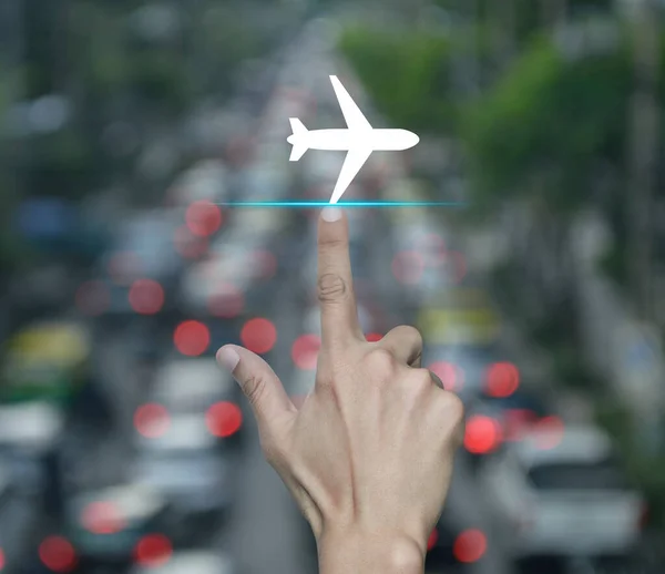 Hand Pressing Airplane Flat Icon Blur Rush Hour Cars Road — Foto de Stock