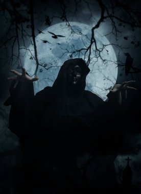 Grim reaper standing over cross, church, crow, birds, dead tree, full moon and cloudy sky, Halloween mystery concept