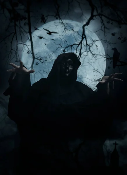 Grim Reaper Standing Cross Church Crow Birds Dead Tree Full — Φωτογραφία Αρχείου