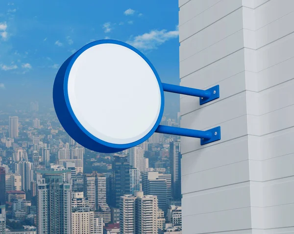 Hanging Blue Rounded Signboard Mockup Modern City Tower Office Building — Foto Stock