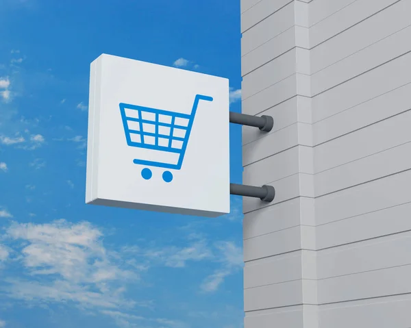 Shop cart icon on hanging white square signboard over blue sky, Business shopping online concept, 3D rendering