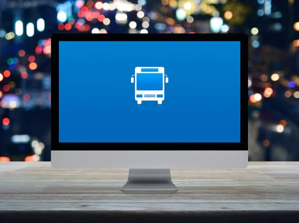 Bus Flat Icon Desktop Modern Computer Monitor Screen Wooden Table — Stockfoto