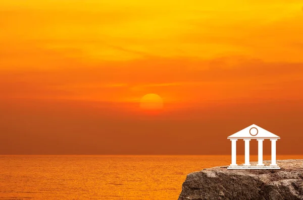 Bank flat icon on rock mountain over sunset sky and sea, Business banking online concept