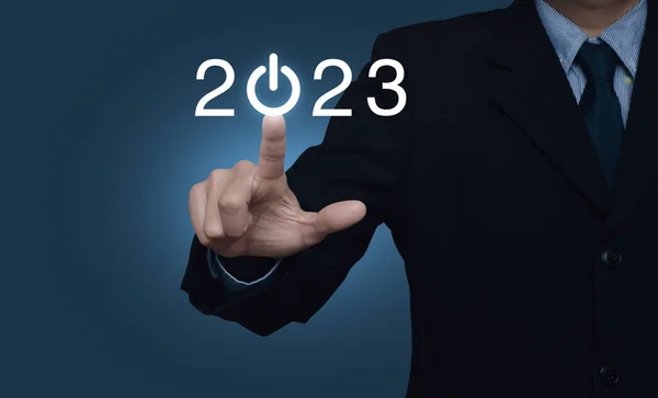 Businessman Pressing 2023 Start Business Flat Icon Light Blue Background — Stockfoto