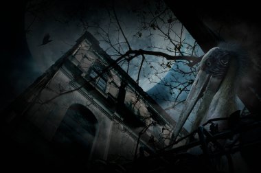 Lesser adjutant stork bird standing over grunge castle, dead tree, full moon and cloudy spooky sky, Halloween mystery concept