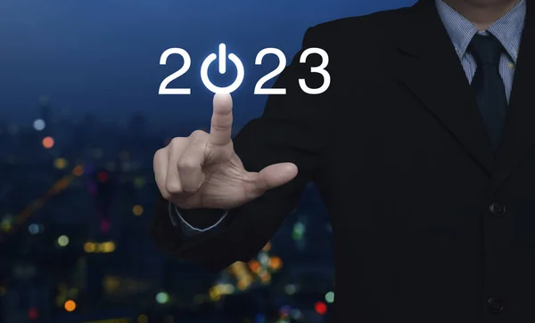 Businessman Pressing 2023 Start Business Flat Icon Blur Colorful Night — Photo