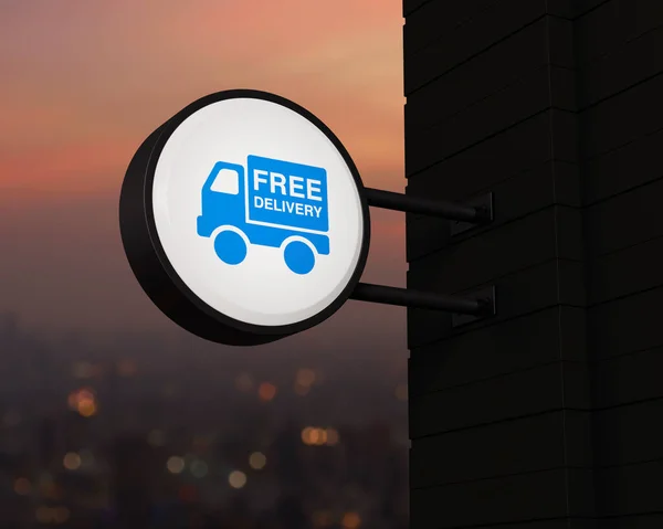 Free Delivery Truck Icon Hanging Black Rounded Signboard Blur Cityscape — Fotografia de Stock
