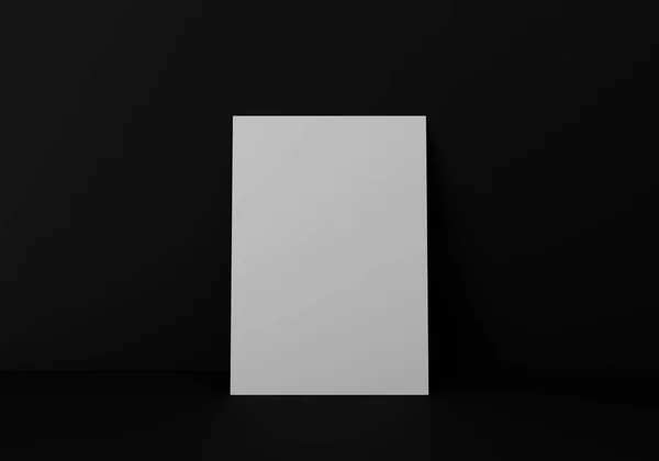 Empty White Vertical Rectangle Paper Sheet Mockup Floor Black Wall — Stok fotoğraf