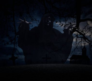 Grim reaper standing over grass, dead tree, cross, churc, birds and spooky cloudy sky, Halloween mystery concept