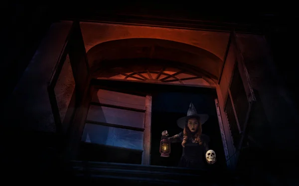 Halloween Witch Holding Lamp Skull Standing Old Ancient Window Castle — Fotografia de Stock
