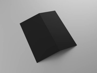 Open black bifold leaflet, brochure, catalogue mockup on grey background, 3D rendering