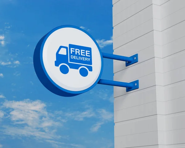 Free Delivery Truck Icon Hanging Blue Rounded Signboard Sky Business — Fotografia de Stock