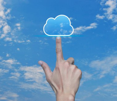 Hand click on cloud computing icon with copy space over blue sky with white clouds, Technology cloud computing concept