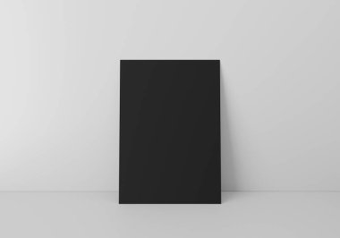 Empty black vertical rectangle A4 paper sheet mockup on floor over grey wall, 3D rendering