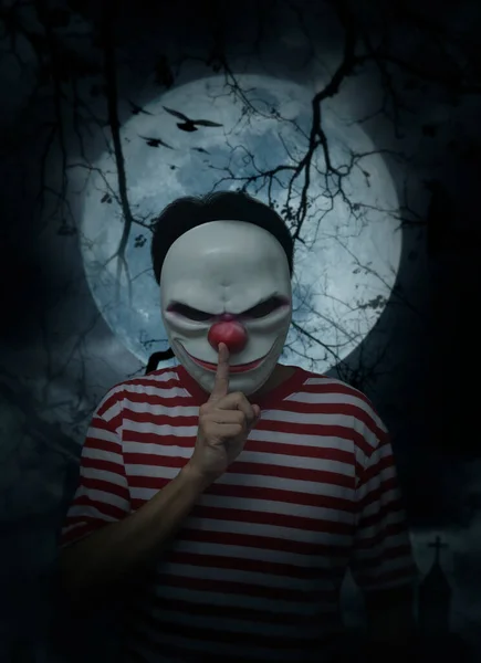Scary Evil Clown Showing Silence Sign Finger Lips Standing Cross — Foto Stock