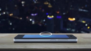Service fix car with wrench tool flat icon on modern smart mobile phone screen on wooden table over blur colorful night light city tower and skyscraper, Business repair car service online concept