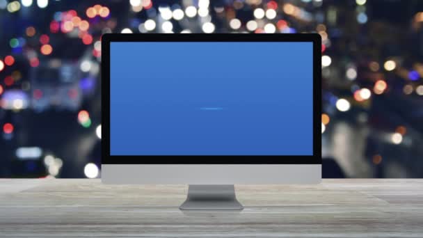 Lei Ícone Plano Tela Monitor Computador Moderno Desktop Mesa Madeira — Vídeo de Stock