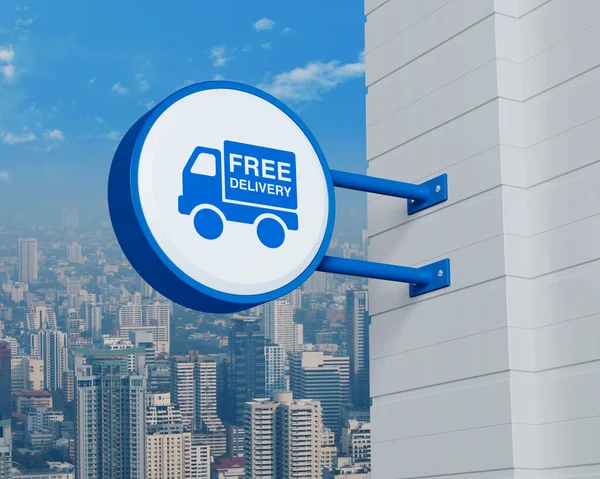Free Delivery Truck Icon Hanging Blue Rounded Signboard Modern City — Foto Stock