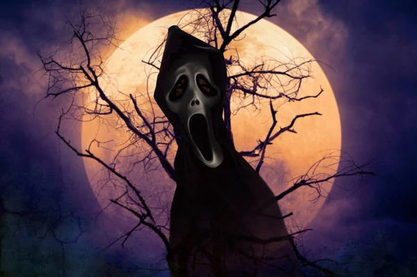 Ghost Standing Dead Tree Full Moon Spooky Cloudy Sky Halloween — Stock Photo, Image