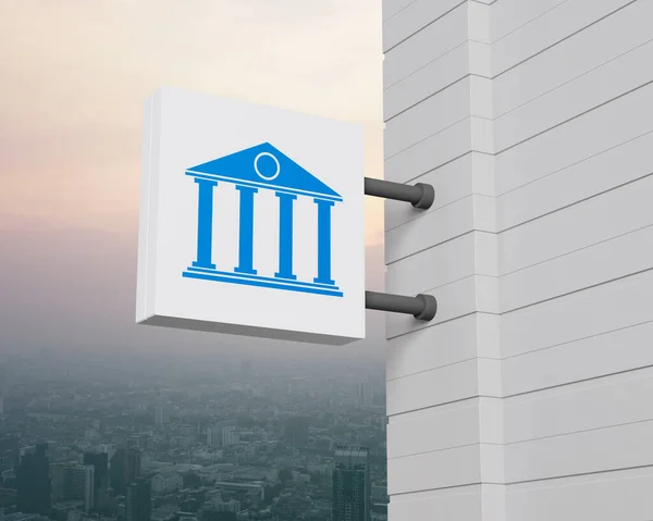 Bank icon on hanging white square signboard over city tower and skyscraper at sunset sky, vintage style, 3D rendering