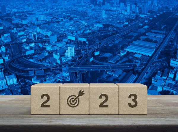 2023 Letter Goal Icon Wood Block Cubes Wooden Table Modern — Stock fotografie