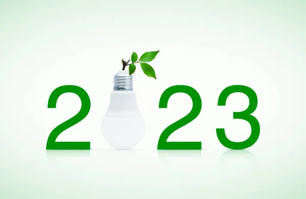 2023 text and LED light bulb with fresh green tree leaves, Happy new year 2023 ecology and saving energy concept