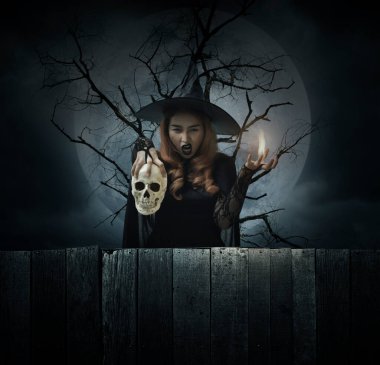 Cadılar Bayramı cadısı ölü ağacın, dolunayın ve bulutlu gökyüzünün üzerinde duran bir kafatası tutuyor, Cadılar Bayramı gizemi kavramı