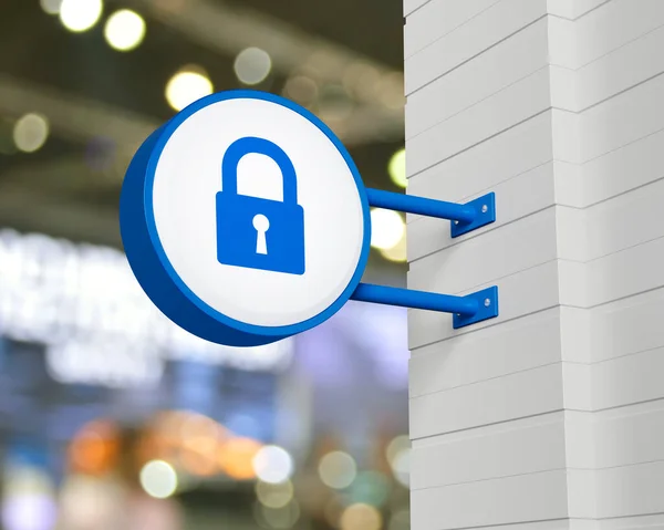 Padlock icon on hanging blue rounded signboard over blur light and shadow of shopping mall, Technology internet security and safety concept, 3D rendering
