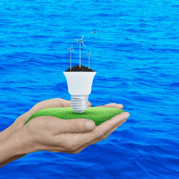 Wind turbines on soil with light bulb in hands over blue sea with birds, Green ecology and saving energy concept