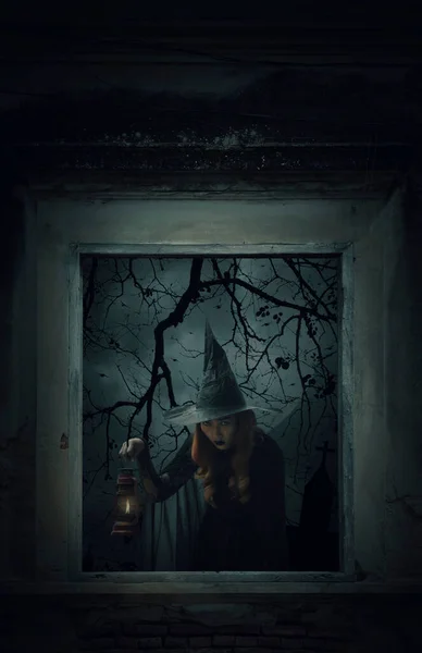 Halloween witch holding ancient lamp standing in old damaged wood window with wall over cross, church, birds, dead tree and spooky cloudy sky, Halloween mystery concept