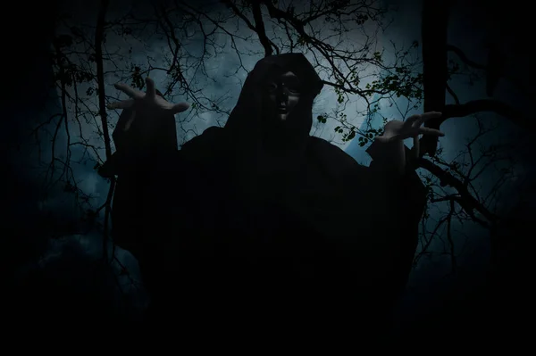 Grim Reaper Standing Dead Tree Crow Birds Full Moon Spooky — 图库照片